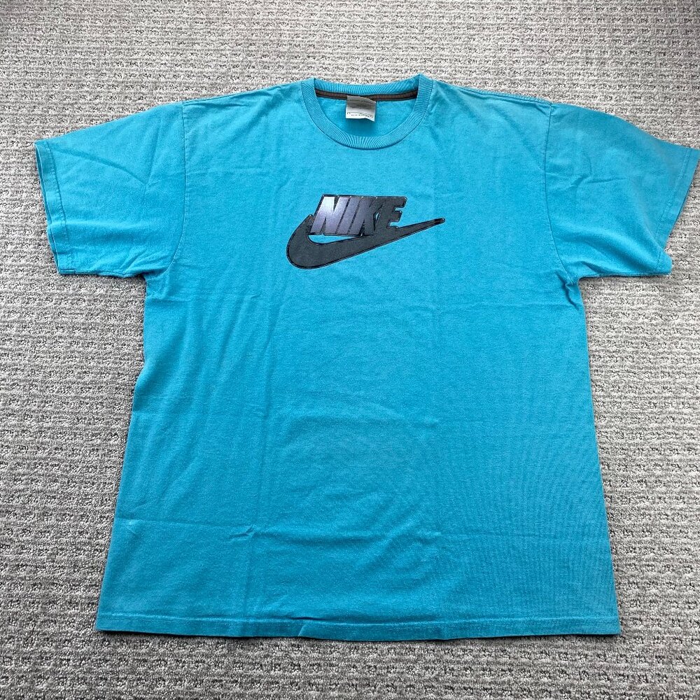 Vintage Nike T-Shirt Men Large L Blue Teal Spell Out Swoosh Graphic Print Y2K